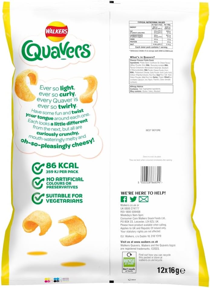 Walkers Quavers Cheese Multipack Snacks Crisps 12x16g
