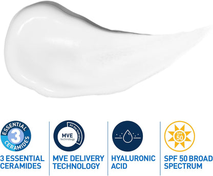 CeraVe AM Facial Moisturising Lotion SPF50 With 3 Essential Ceramides, Vitamin E, Niacinamide, MVE Technology, UVA UVB Protection, For Normal to Dry Skin, Lightweight, Non-Greasy, Allergy Tested, 52ml