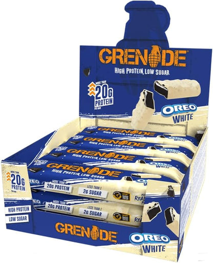 Grenade OREO White Protein Bars, 12 x 60 g | High Protein, Low Sugar Bars, Over 21 g Protein & Less than 1 g Sugar, Soft Nougat with zero sugar OREO Pieces