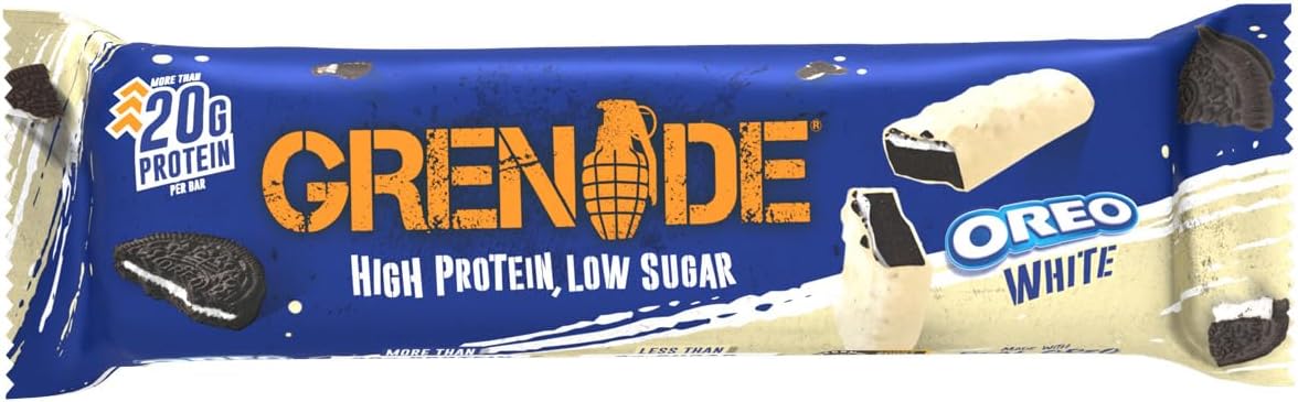 Grenade OREO White Protein Bars, 12 x 60 g | High Protein, Low Sugar Bars, Over 21 g Protein & Less than 1 g Sugar, Soft Nougat with zero sugar OREO Pieces