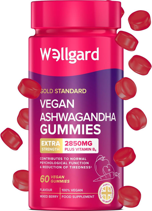 Wellgard Vegan Ashwagandha Gummies – High Strength Ashwagandha with Vitamin B6, Highly Bioavailable, 60 Gummies, UK Formulated