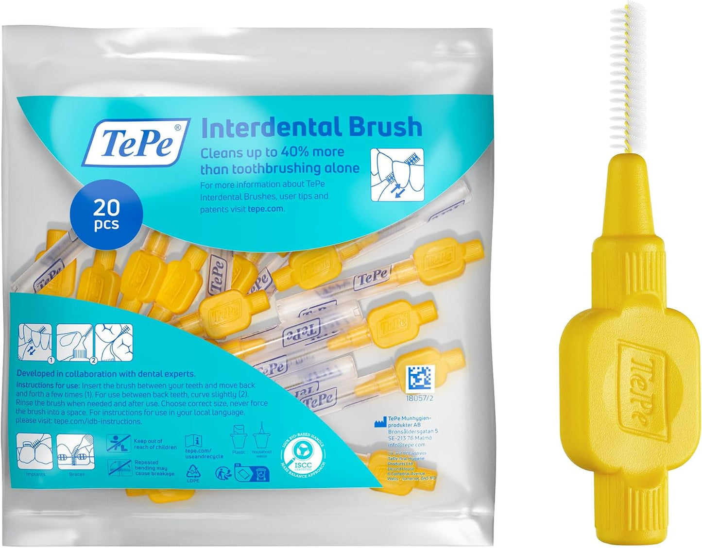 TePe Interdental Brush, Original, Yellow, 0.7mm/ISO 4, 20pcs | Effective cleaning between teeth, Plaque remover and brush for small gaps