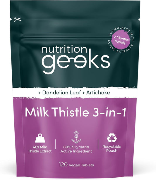 Milk Thistle Tablets 3-in-1 Complex - 120 Tablets (2 Month Supply) - 100mg Extract 80% Silymarin with Artichoke & Dandelion Leaf (Not Milk Thistle Capsules or Tincture) - Vegan - UK Made Supplement