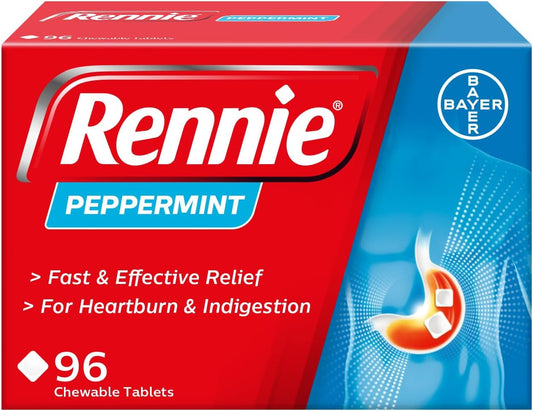 Rennie Peppermint Antacid Chewable Tablets, Heartburn Indigestion, 96 Pack