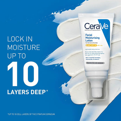 CeraVe AM Facial Moisturising Lotion SPF50 With 3 Essential Ceramides, Vitamin E, Niacinamide, MVE Technology, UVA UVB Protection, For Normal to Dry Skin, Lightweight, Non-Greasy, Allergy Tested, 52ml