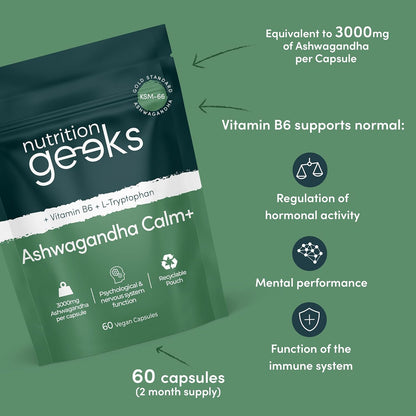 Ashwagandha KSM 66 Complex – 3000mg Enhanced with L-Tryptophan & Vitamin B6 (2 Month Supply) – Ashwagandha High Strength Capsules with 250mg Extract (Not Gummies or Powder) - Vegan, UK Made