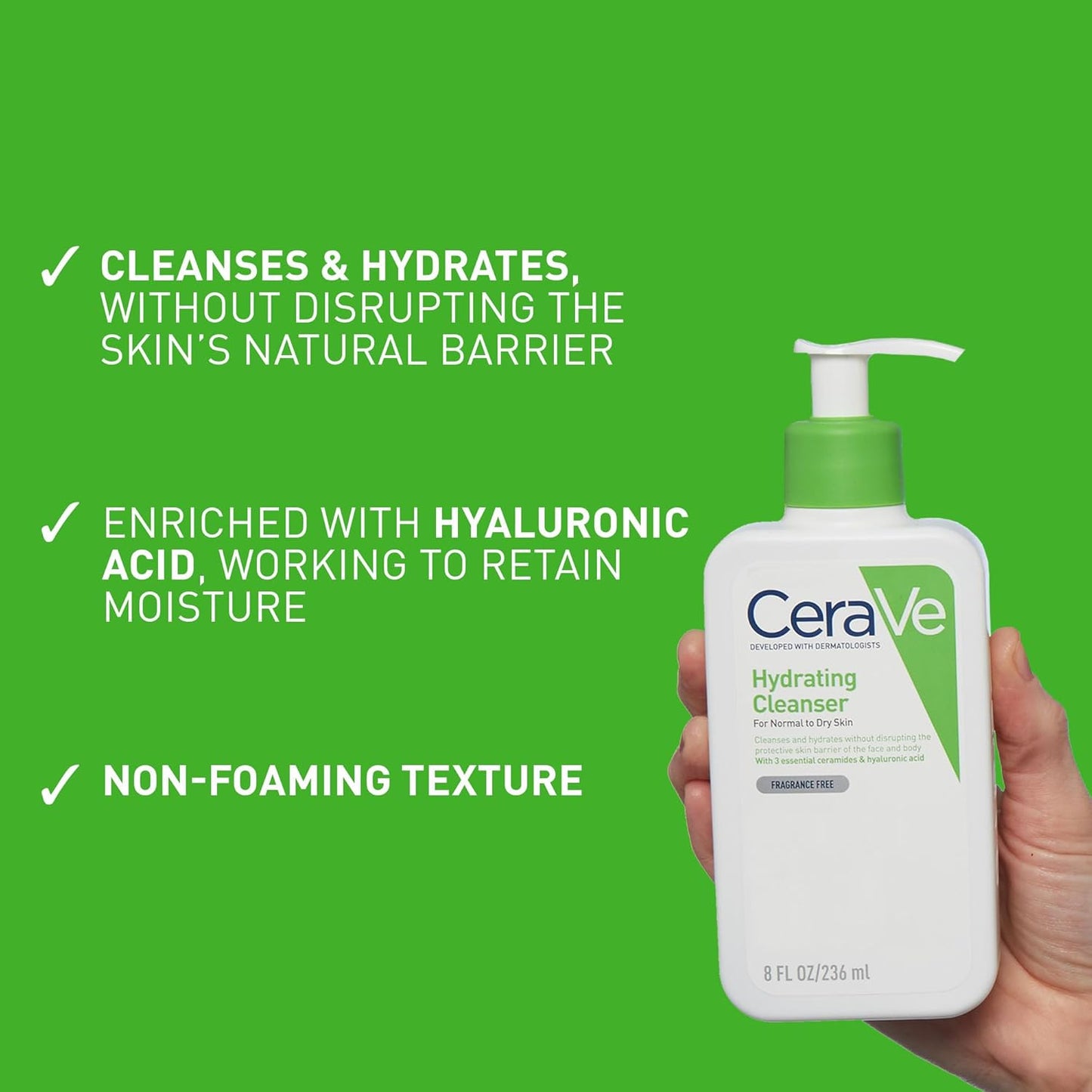 CeraVe Hydrating Cleanser, for normal to dry skin, contains Hyaluronic Acid and 3 essential ceramides, facial cleanser for sensitive skin, Cerave skin care face wash