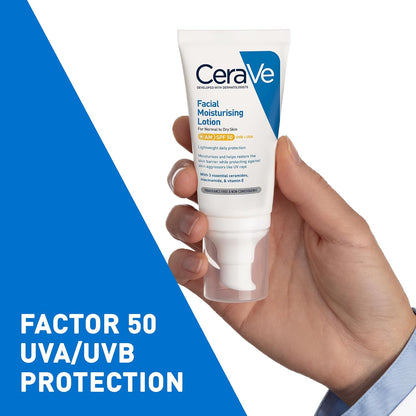 CeraVe AM Facial Moisturising Lotion SPF50 With 3 Essential Ceramides, Vitamin E, Niacinamide, MVE Technology, UVA UVB Protection, For Normal to Dry Skin, Lightweight, Non-Greasy, Allergy Tested, 52ml