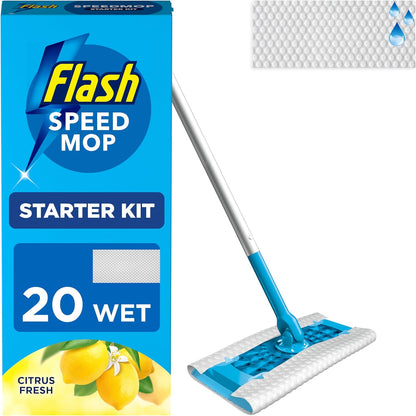 Flash Speedmop Wet Mop Floor Cleaner Starter Kit 1 Mop, 20 Wet Lemon Refills