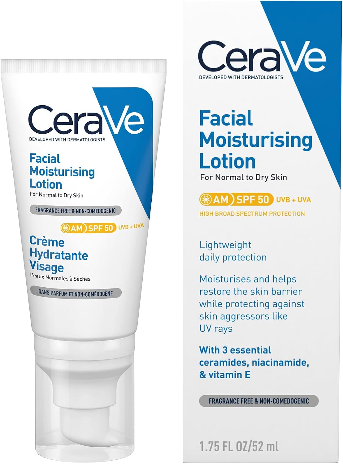 CeraVe AM Facial Moisturising Lotion SPF50 With 3 Essential Ceramides, Vitamin E, Niacinamide, MVE Technology, UVA UVB Protection, For Normal to Dry Skin, Lightweight, Non-Greasy, Allergy Tested, 52ml