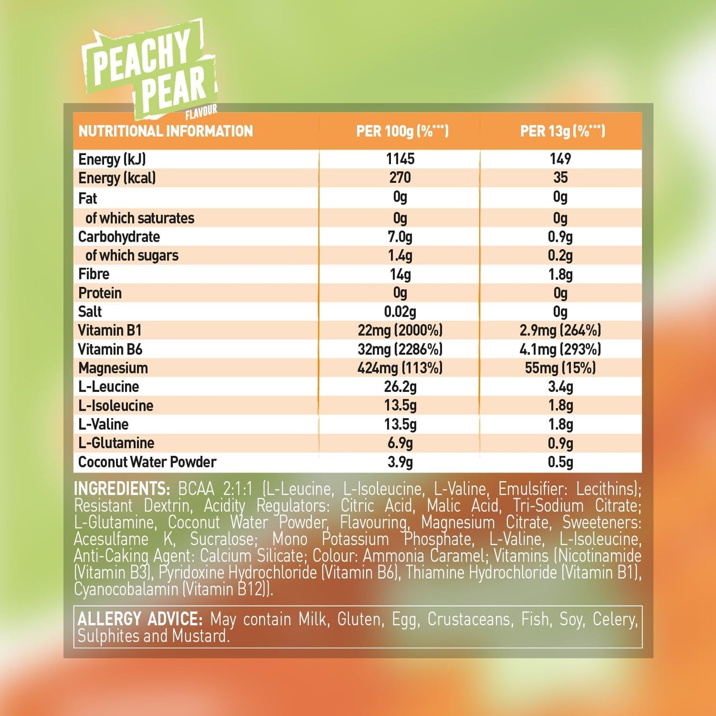 Grenade BCAA Intra Workout Powder, Peachy Pear, 390 g (Pack of 1) | 30 Servings, 7 g BCAA with Amino Acids Including B-Vitamins, Magnesium & Glutamine, Zero Sugar, Vegan & Vegetarian