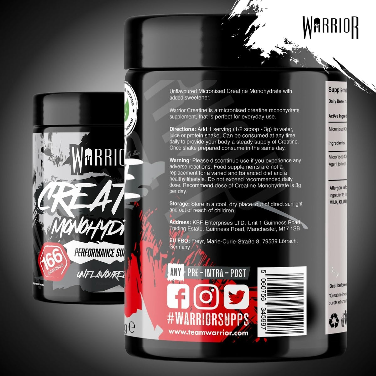Warrior Creatine Monohydrate Powder 500g Pure Micronised (166 Servings)