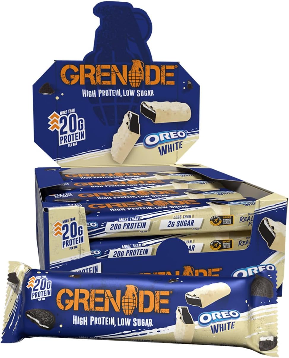 Grenade OREO White Protein Bars, 12 x 60 g | High Protein, Low Sugar Bars, Over 21 g Protein & Less than 1 g Sugar, Soft Nougat with zero sugar OREO Pieces