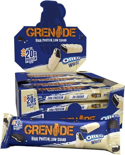 Grenade OREO White Protein Bars, 12 x 60 g | High Protein, Low Sugar Bars, Over 21 g Protein & Less than 1 g Sugar, Soft Nougat with zero sugar OREO Pieces