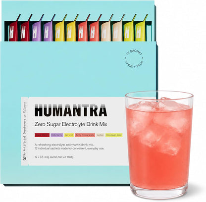 Humantra Electrolytes Powder - 12 Sachet Variety Pack - Powdered Hydration Sachets - Plant-Based Electrolyte Powder with 6 Electrolytes - Vegan, Sugar Free, Gluten Free