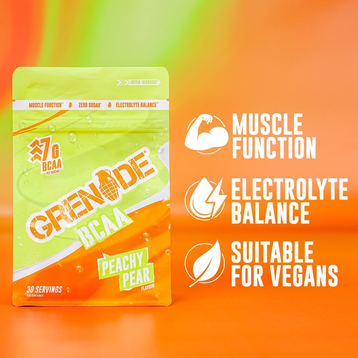 Grenade BCAA Intra Workout Powder, Peachy Pear, 390 g (Pack of 1) | 30 Servings, 7 g BCAA with Amino Acids Including B-Vitamins, Magnesium & Glutamine, Zero Sugar, Vegan & Vegetarian