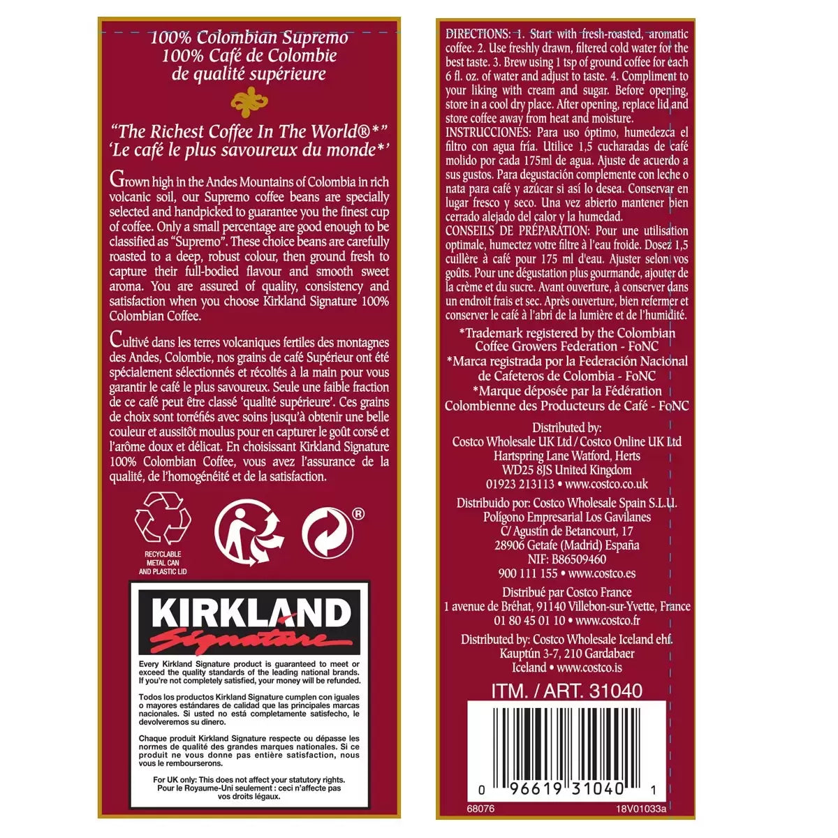 Kirkland Signature 100% Colombian Ground Filter Coffee, 6 x 1.362kg