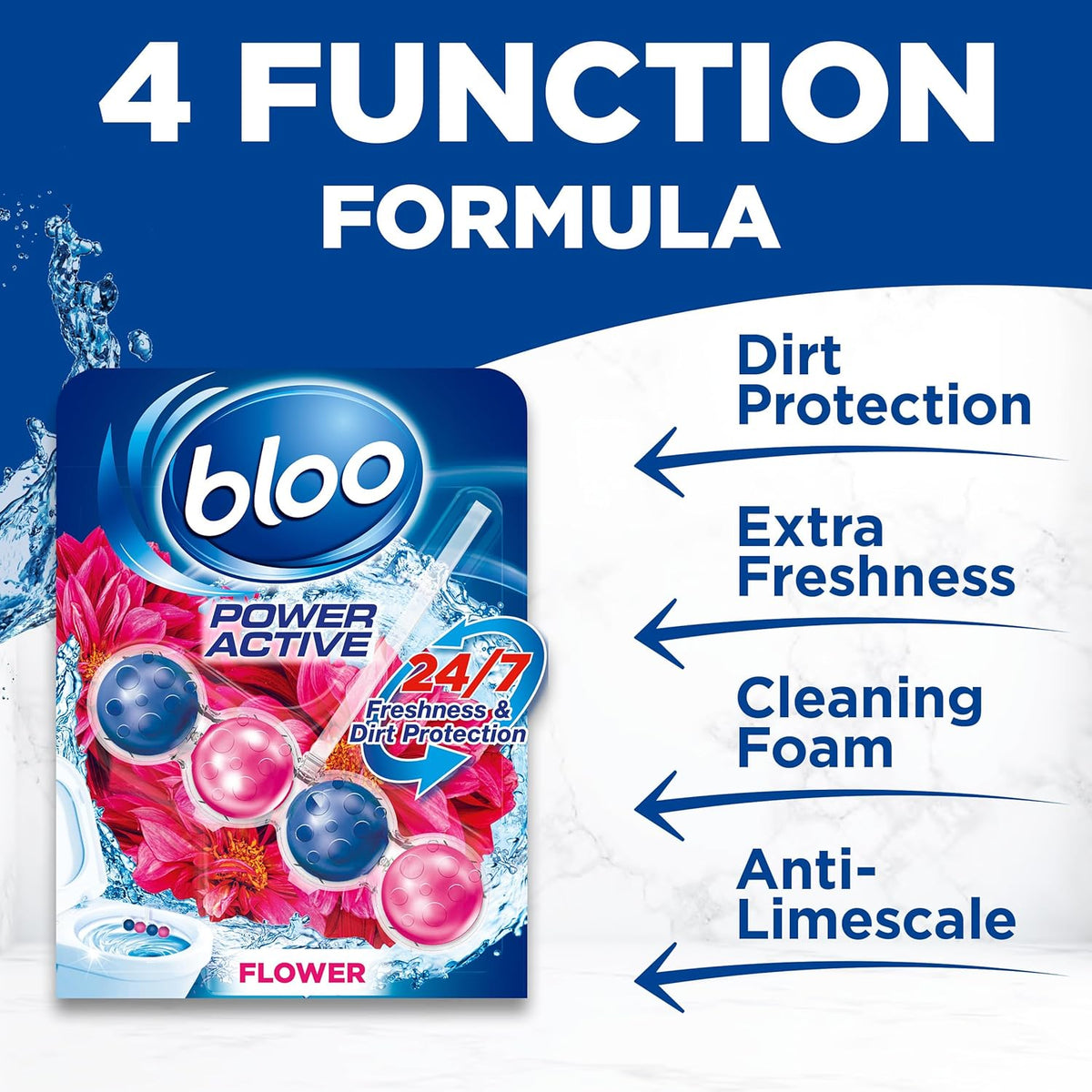 Bloo Power Active Toilet Rim Block & Freshener, Fresh Flowers, Pack of 3
