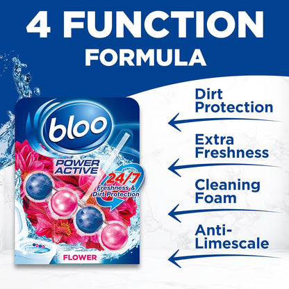 Bloo Power Active Toilet Rim Block & Freshener, Fresh Flowers, Pack of 3