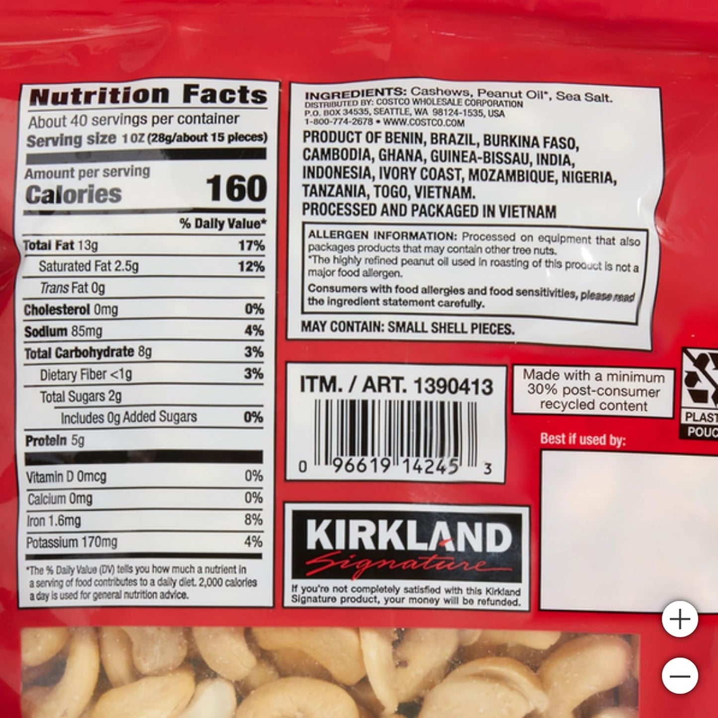 Kirkland Signature Salted Cashews, 1.13kg