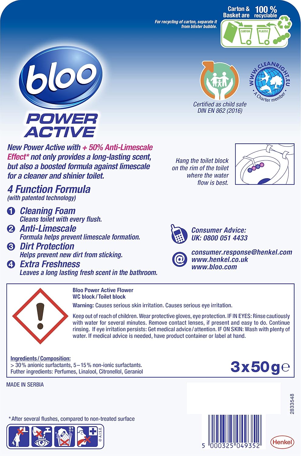 Bloo Power Active Toilet Rim Block & Freshener, Fresh Flowers, Pack of 3