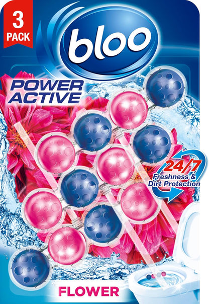 Bloo Power Active Toilet Rim Block & Freshener, Fresh Flowers, Pack of 3