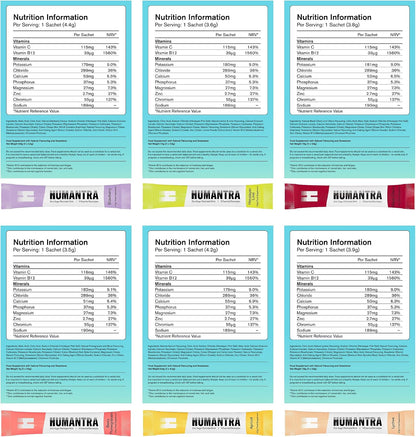 Humantra Electrolytes Powder - 12 Sachet Variety Pack - Powdered Hydration Sachets - Plant-Based Electrolyte Powder with 6 Electrolytes - Vegan, Sugar Free, Gluten Free