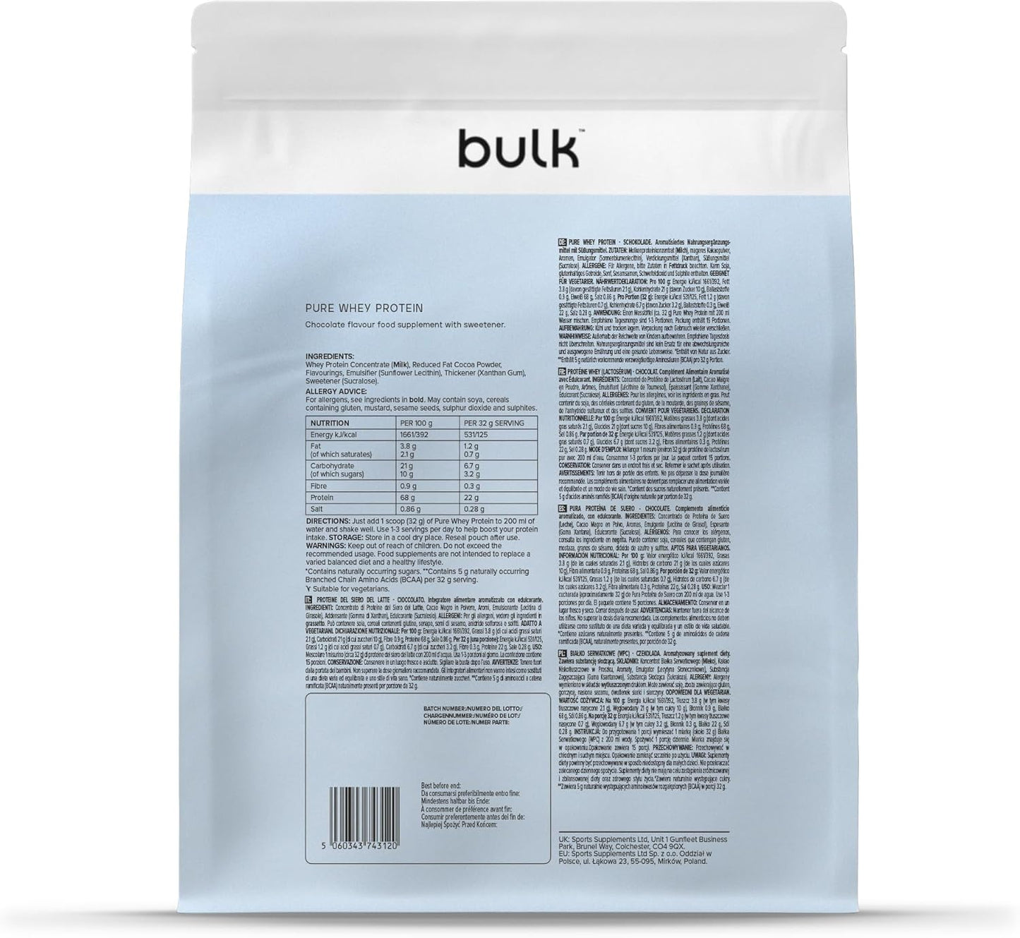 Bulk Pure Whey Protein Powder, Chocolate, 2.5kg