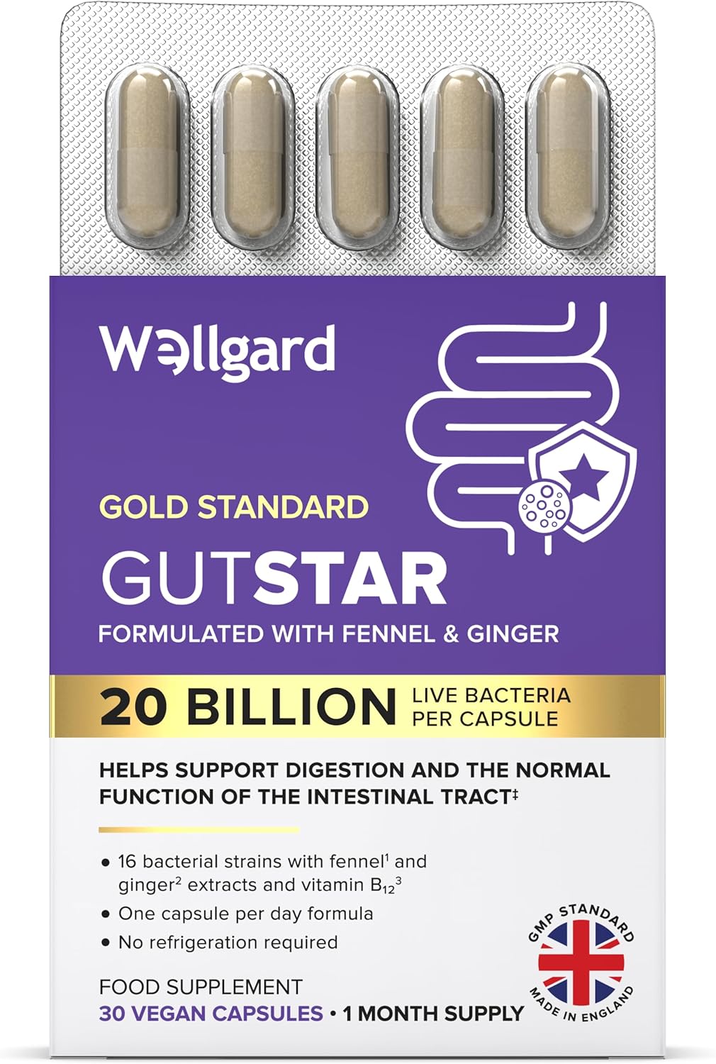 Wellgard Gutstar Bio Cultures for Gut Health, 20 Billion CFU - 16 30 Capsules, Strains Bio Culture Supplement for Women & Men, with Fennel, Ginger & Vitamin B12, Vegan,