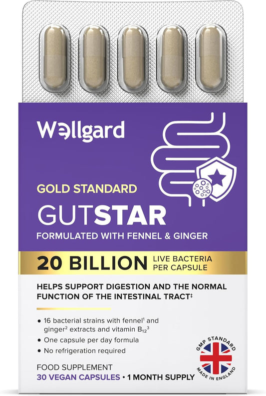 Wellgard Gutstar Bio Cultures for Gut Health, 20 Billion CFU - 16 30 Capsules, Strains Bio Culture Supplement for Women & Men, with Fennel, Ginger & Vitamin B12, Vegan,