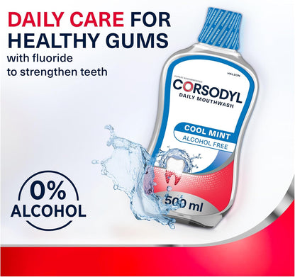 Corsodyl Daily Gum Care Mouthwash, Fluoride, Alcohol Free, Cool Mint, 500ml