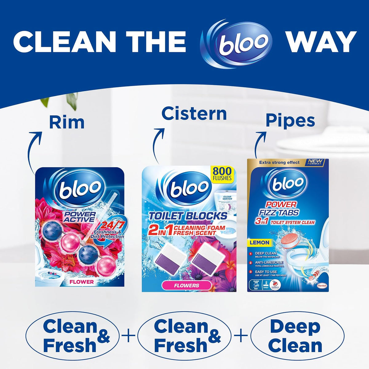 Bloo Power Active Toilet Rim Block & Freshener, Fresh Flowers, Pack of 3