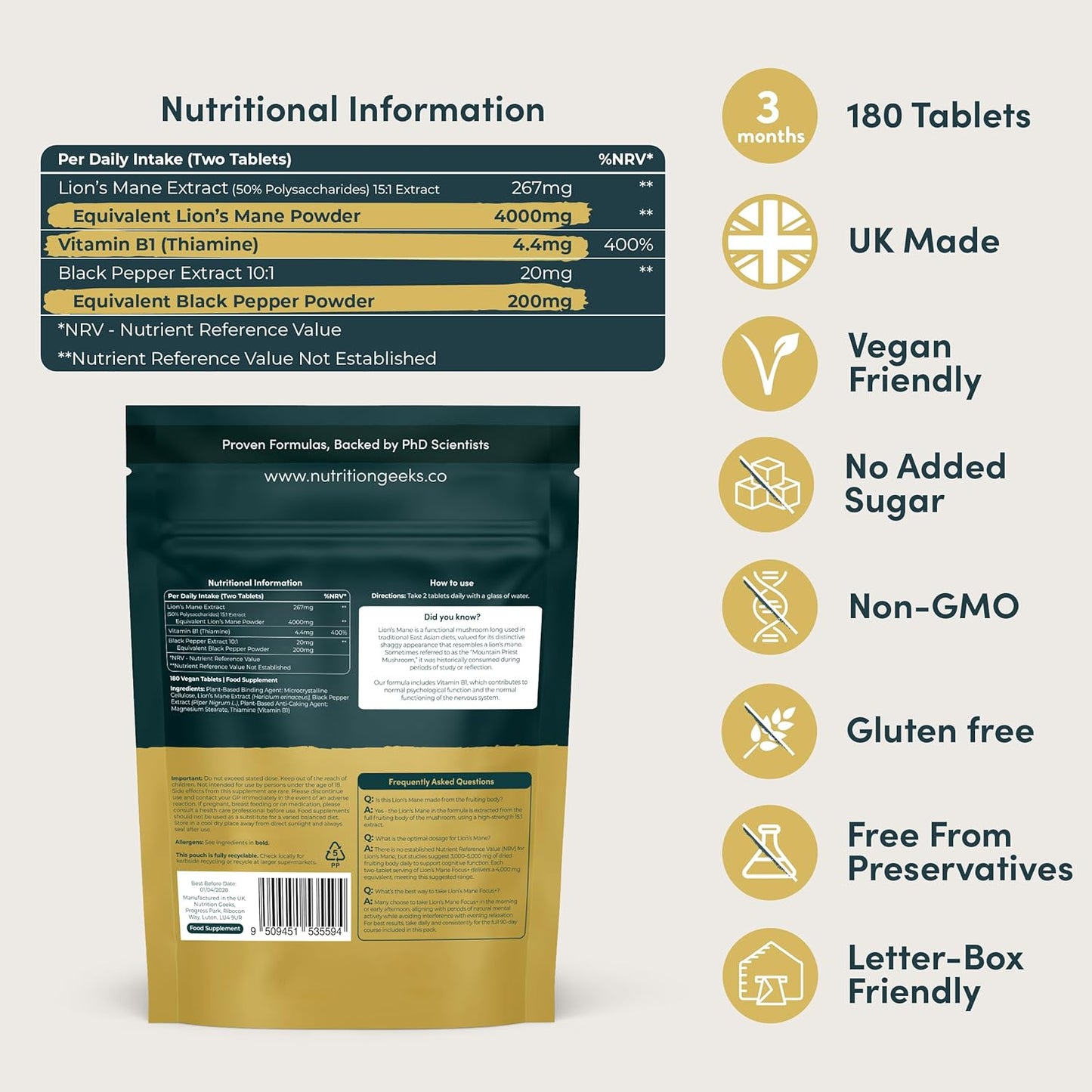Lions Mane Supplement 4000mg with Vitamin B1 & Black Pepper, 180 Vegan Tablets - Lion's Mane Mushroom 15:1 Extract (Not Lions Mane Powder or Capsules), UK Made for Mental Performance & Nervous System