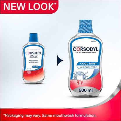 Corsodyl Daily Gum Care Mouthwash, Fluoride, Alcohol Free, Cool Mint, 500ml